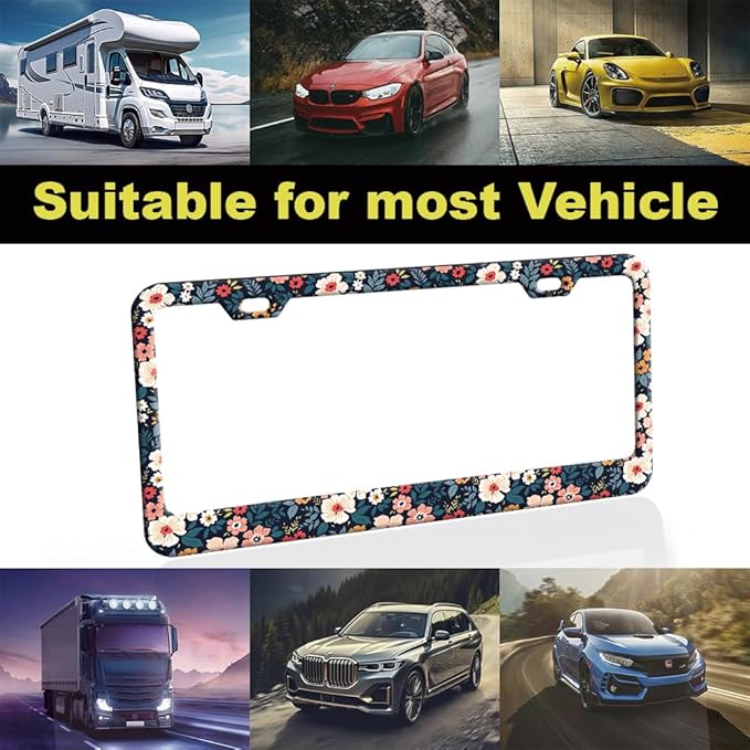 1pcs Cute Folk Floral License Plate Frame for Women, Colorful Flowers car Decorative tag Frames Girly,Beautiful Floral License Plate Cover Holder for Vehicle with Double Sided car Keychain tag