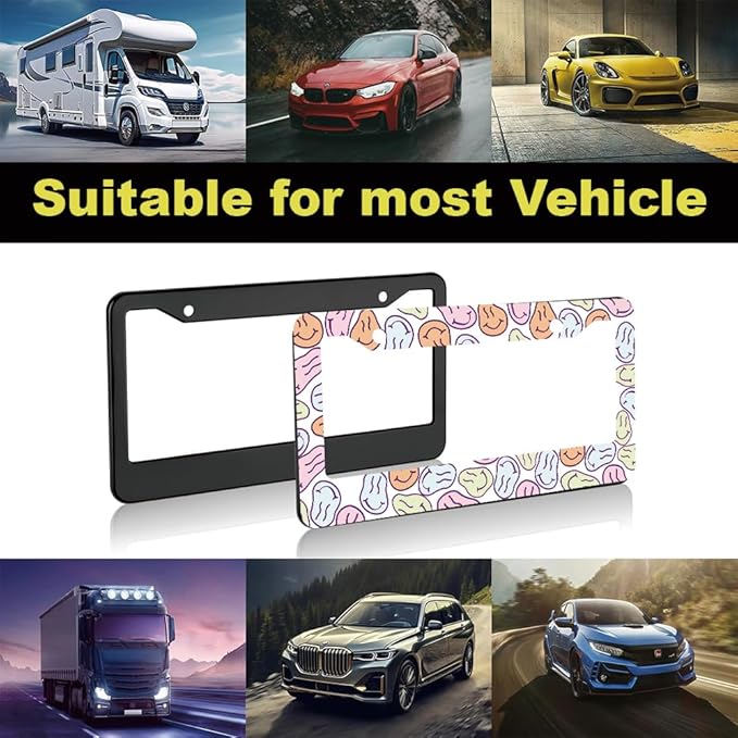2pcs Funky Smiley face License Plate Frame for Women,Inspirational Happy face car Decorative tag Frames Girly,Vintage Smiley face License Plate Cover Holder for Vehicle with car Keychain tag