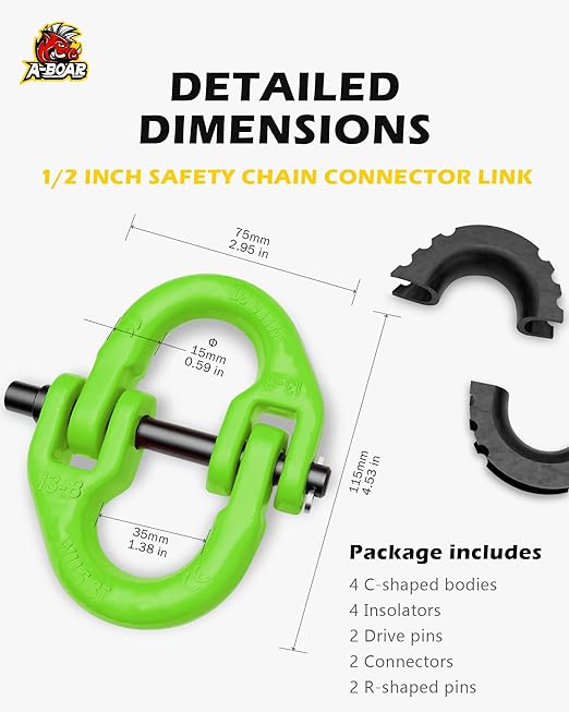 1/2 Safety Chain Connector, 2 Pack Hammerlock Coupling for Trailer Chains, 12000Lbs Load Capacity, Alloy Steel Tow Hitch Safety Link, Green