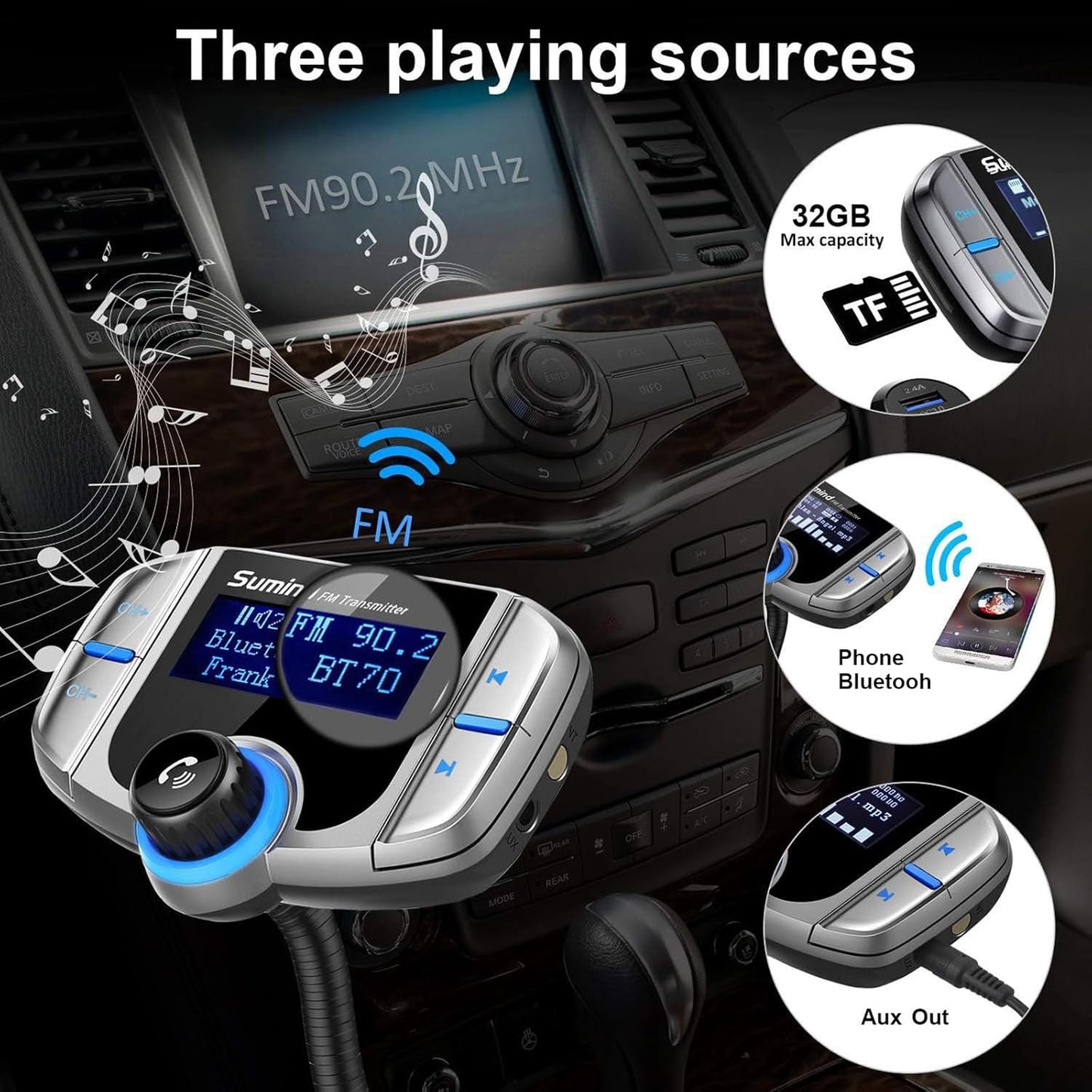 Upgraded Bluetooth FM Transmitter, Wireless Radio Adapter Hands Free Car Kit with 1.7'' Display, QC3.0 and Smart 2.4Amp Dual USB Ports, AUX Input/Output, TF Card Mp3 Player (PD, Sliver Grey)