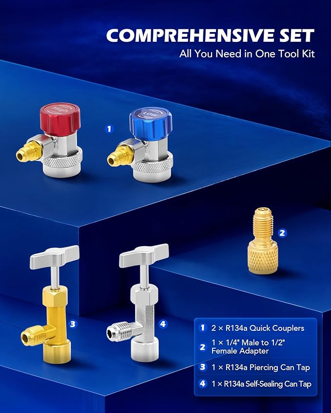 Orion Motor Tech AC Gauges, AC Manifold Gauge Set for R134a R12 R502 Refrigerant, 3 Way Car with 5FT Hoses Couplers & Adapter, Puncturing & Self Sealing Can Tap Freon Charge Kit