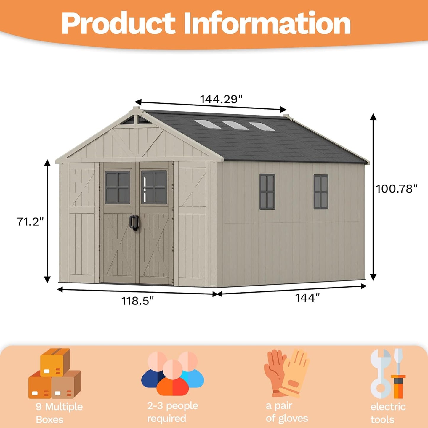 Devoko 10 x 12 FT Plastic Outdoor Storage Shed with Windows, Resin Tools Shed with Floor Large Storage Garden Shed for Patio,Garden, Backyard, Lawn, Beige