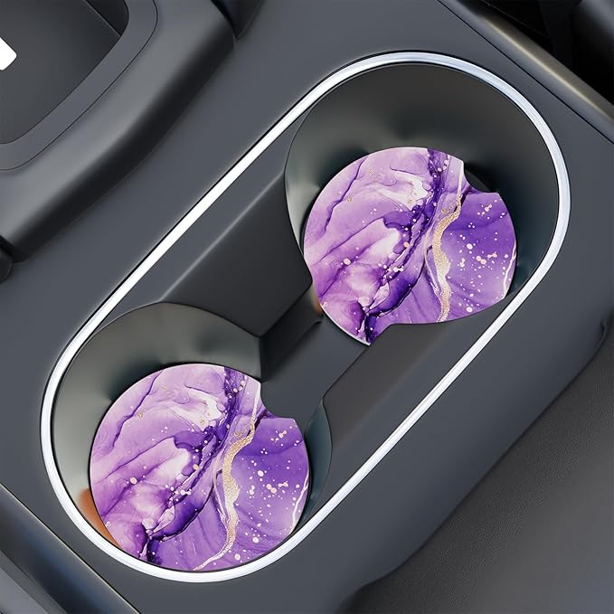 Car Cup Holder Coaster, Car Coasters for Cup Holders, 2 Pack Universal Anti Slip Insert Absorbent Ceramic Auto Interior Accessories with A Finger Notch & Cork Base, Purple Marble