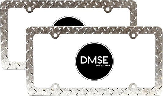 DMSE Heavy Duty Metal Diamond Plate Plated License Plate Frame Cool Decorative Design for Any Vehicle (Chrome 2 Pack)