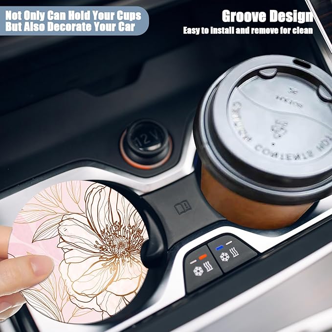 Car Cup Holder Coaster - Pink Flowers Absorbent Ceramic Coaster 2 Pack, Car Coasters for Cup Holders, Fashion Car Interior Accessories Drink Coaster for Women & Men
