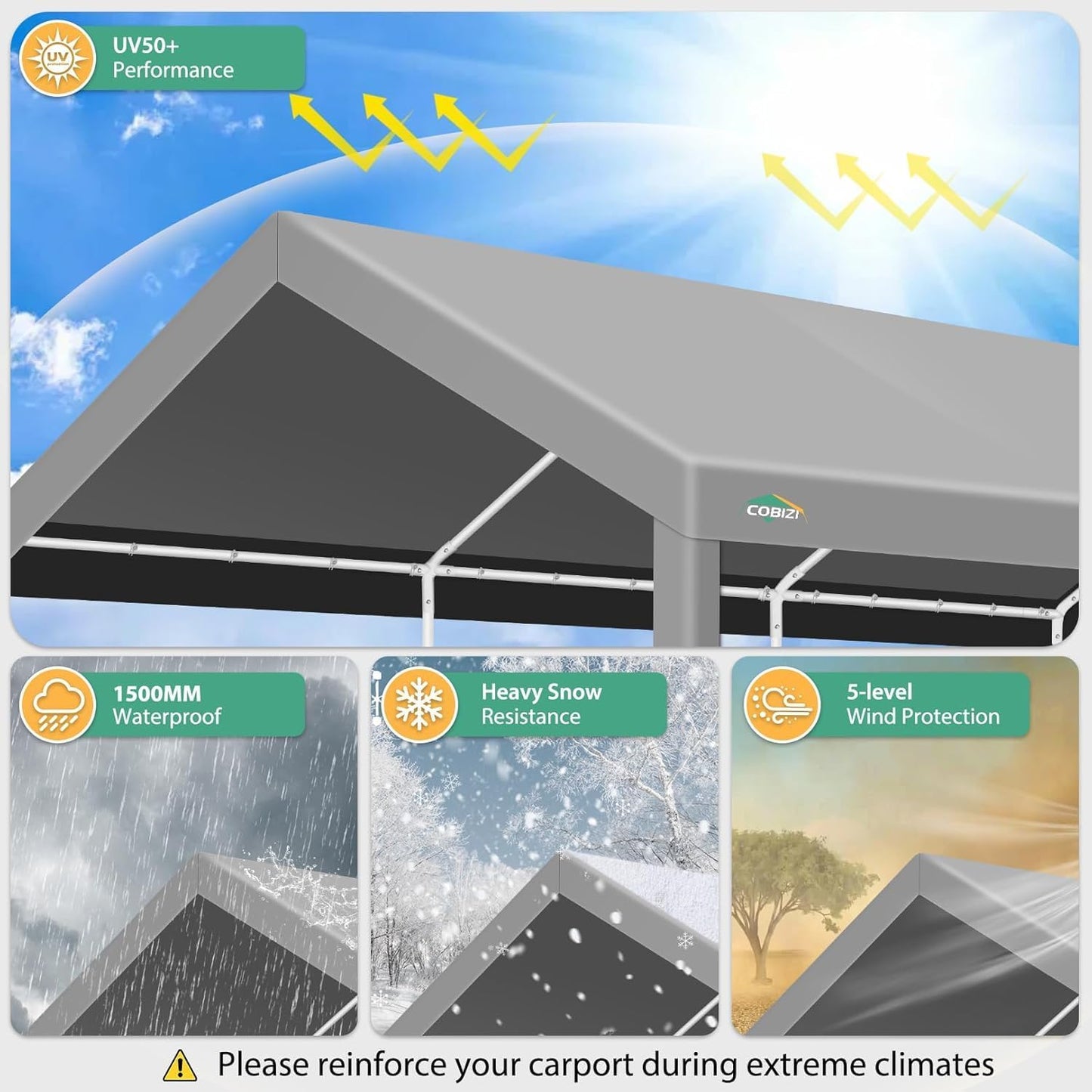 COBIZI Carport 12x20ft Heavy Duty Portable Garage, 2.0 Powder Coated Frame(Better Than Galvanized), Waterproof Shelter with Built-in Sandbags, for Car/Boat/SUV, Gray