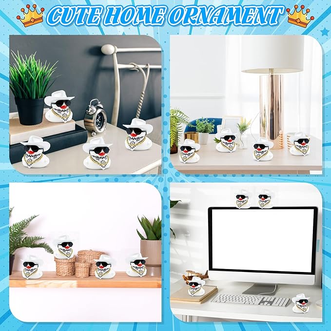 BOZILY White Cowboy Hat Rubber Duck, Cute Car Dashboard Decoration Duck with White Cowboy Hat, Sunglasses, Gold Necklace & White Bib, Squeaky Silicone Ornament for Car Interior Home Office
