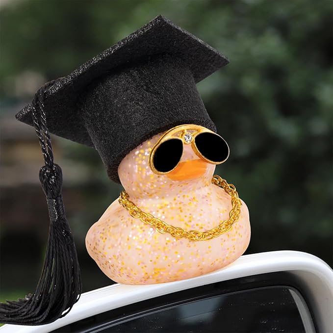 wonuu Car Dashboard Decor Graduation Hat Color Rubber Duck, Car Ducks Ornaments with Mini Graduation Hat Necklace Sunglasses (Brown)