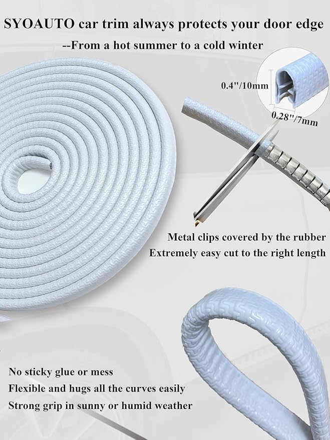 SYOAUTO 13Ft(4M) Door Edge Guard White Car Door Protector Edge Guards Rubber Auto Door Trim U Shape Build in Metal Sheet No Need Adhesive Easy to Cut Fit for Most Vehicles