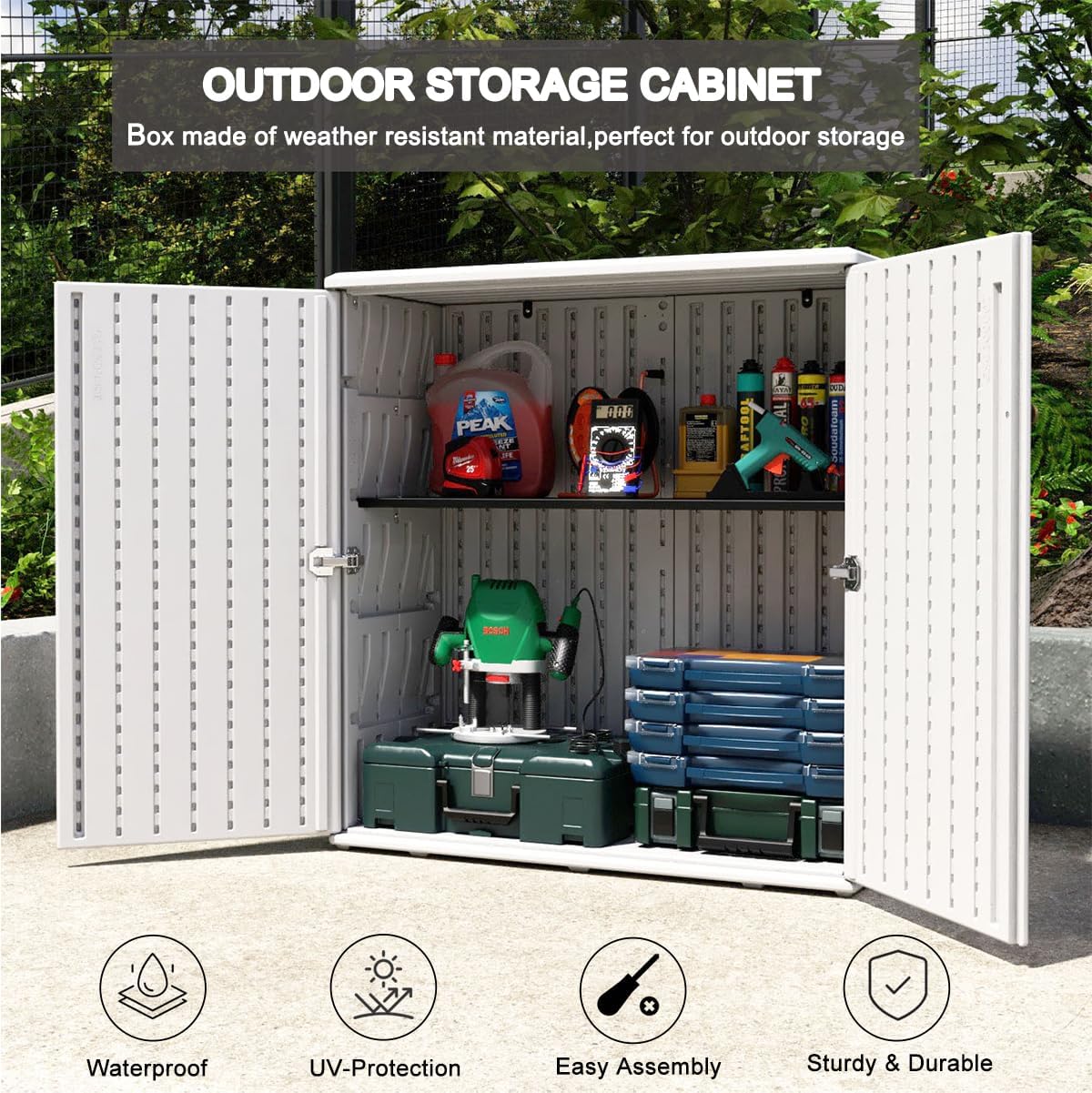 KINYING Outdoor Storage Cabinet Waterproof, Resin 60 Gallon Deck Box for Patio Furniture Cushions, Garden Tools, Pool Tools and Kids’ Toys (Off White with 1 Shelving)