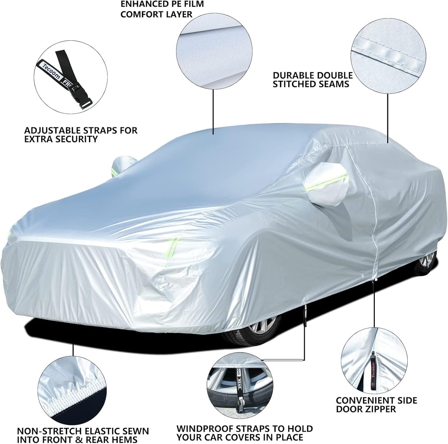 Tecoom Light Shell Waterproof UV-Proof Windproof Design Car Cover with Zipper Storage and Lock for All Weather Indoor Outdoor Fit Sedan 170-190 Inches Length