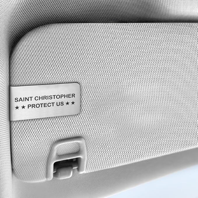 Saint Christopher Protect Us Engraved Stainless Steel Car Visor Clip, St Christopher Accessories for Car, Driving Safety Prayer Religious Gifts for Family Friend Driver, New Driver Gifts