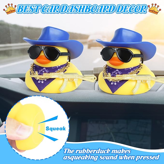 Cowboy Rubber Duck Car Ornaments with Gold Gun, Bandana, Cowboy Hat, Sunglasses, Necklace, Squeaky Car Dashboard Decor for Vehicles, Office, Home, Cool Accessories(Blue Hat)
