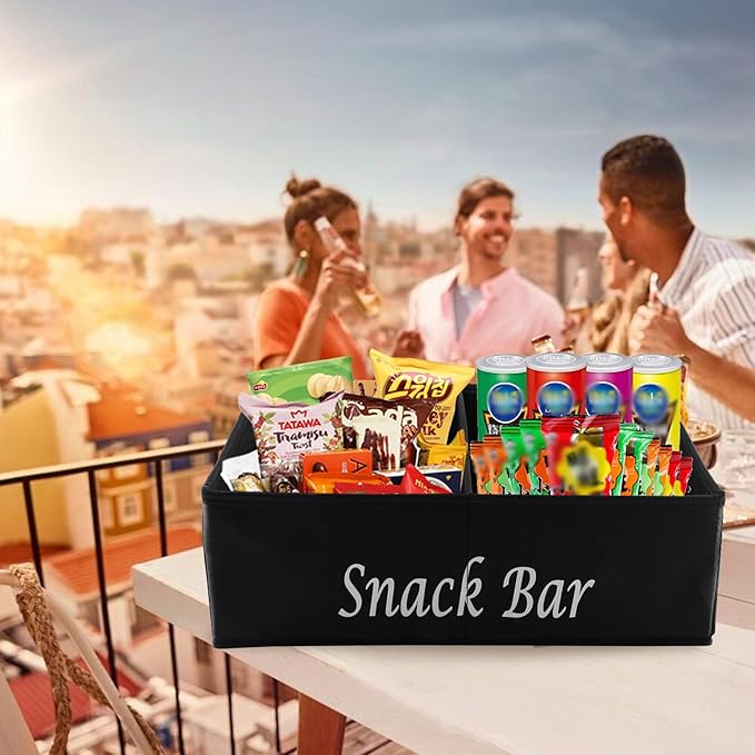 Snack Organizer for Countertop, Fabric Snack Basket with Handles, 2 Large Compartment Snack Container Bin Holder, Snack Bar Station Decor, Kitchen Pantry Organizer and Storage, Black