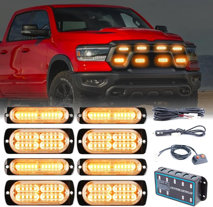 8pcs Sync Feature Emergency Strobe Grille Lights LED Ultra Slim Surface Mount Flashing Hazard Warning Light Bar with Controller for Firefighter/Construction/Trucks/Vehicles/Car (Amber)