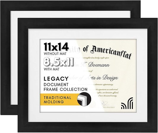 Americanflat 11x14 Black Diploma Frame - Displays 8.5x11 with Mat or 11x14 Inch Without Mat - Shatter-Resistant Glass - Hanging Hardware Included (2-Pack)