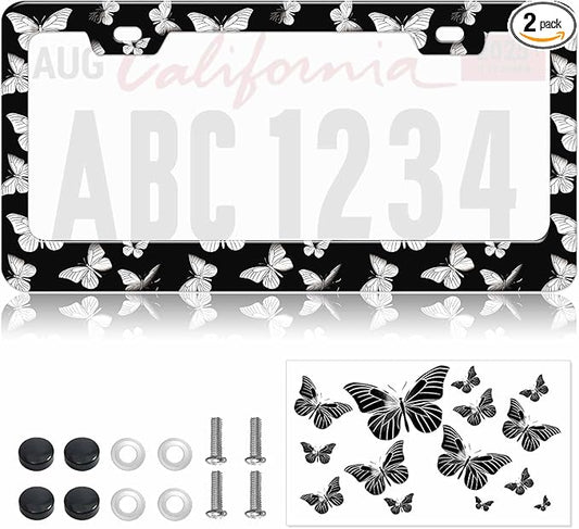 1pcs Monochrome Butterfly Mountain License Plate Frame for Women, Black White Butterflies Car Tag Frames Girly for Vehicle with Non Adhesive Electrostatic Sticker