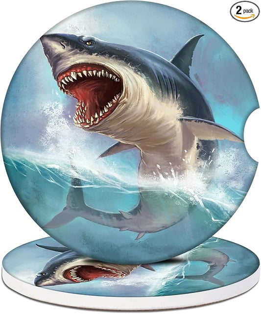 Car Cup Holder Coaster - Great White Shark Absorbent Ceramic Coaster 2 Pack, Car Coasters for Cup Holders, Fashion Car Interior Accessories Drink Coaster for Women & Men