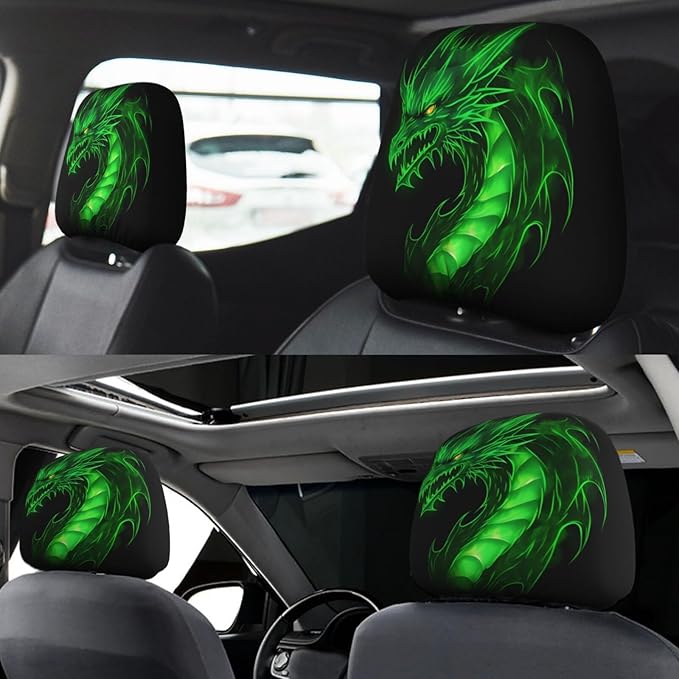 Dujiea 2 Pack Dragon Green Fire Car Headrest Covers, Universal Soft Car Seat Head Rest Protector, Vehicle Accessories Fabric Headrest Cover for Cars Vans Trucks