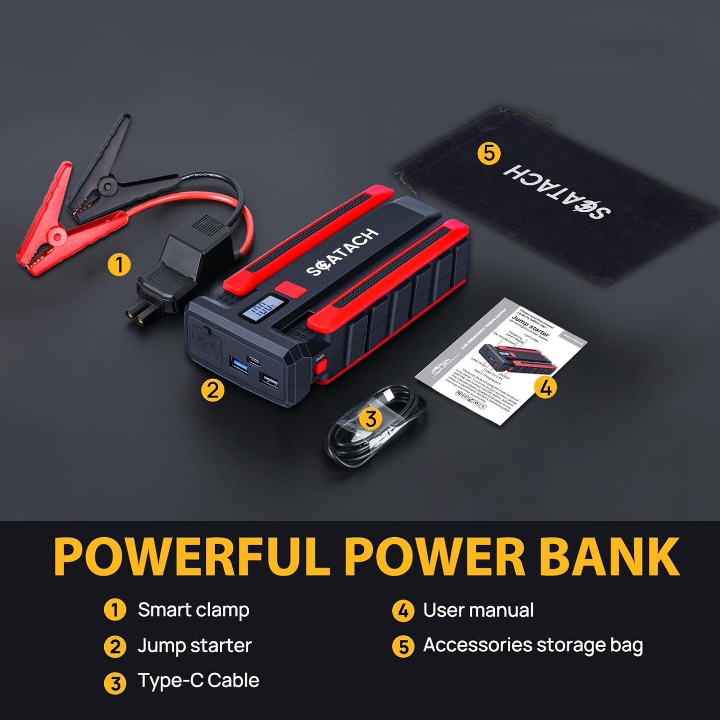 Scatach 002 5000A Car Battery Jump Starter,12V Jump Starter Battery Pack (up to 14.0L Gasoline and 12.0L Diesel Engine), Portable Jump Box with LED Display, 3 Modes Flashlight and Jumper
