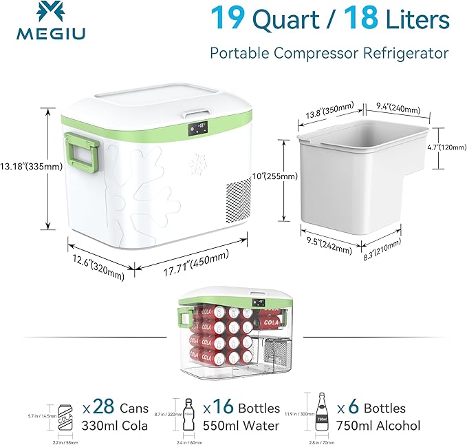 Car Refrigerator, Portable 12V Fridge 19 Qt (18 L) 12 Volt Freezer Compressor Cooler 12V/24V DC 110～240 V AC for Truck Van RV Camper SUV and Home Use -18℃~+15℃