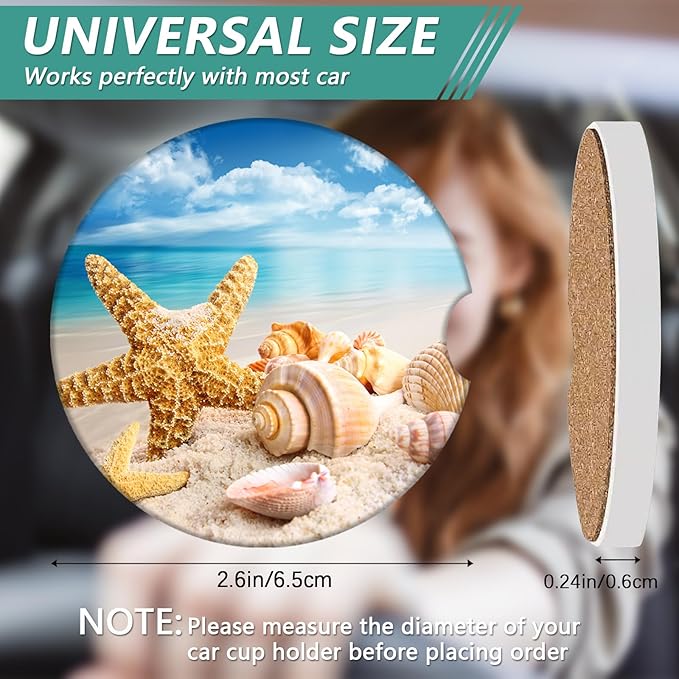 2 Pack Car Cup Holder Coasters - Sea Beach Shell Starfish Absorbent Ceramic Coaster, Car Coasters for Cup Holders, Car Interior Accessories for Women Men