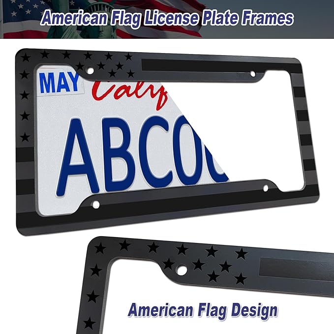BGGTMO American Flag License Plate Frames- 2 Pack Black Grey Patriotic USA Aluminum Car Tag Holder Cover for Front Rear, with Screws Caps