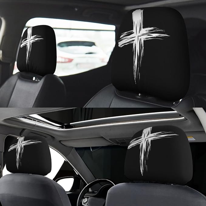 Dujiea 2 Pack Cross Car Headrest Covers, Universal Soft Car Seat Head Rest Protector, Vehicle Accessories Fabric Headrest Cover for Cars Vans Trucks
