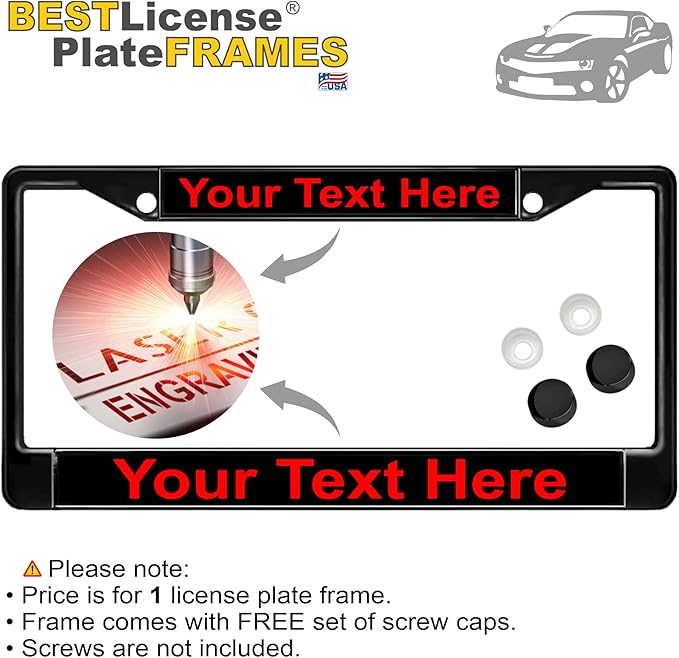 Custom Personalized Black Powder-Coated Metal Laser Engraved Standard Size - Car/Automobile License Plate Frame with Free caps - Black/Red Text (Qty: 1 Frame)