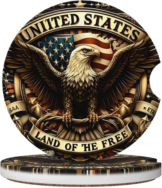ABLESKY Car Coasters for Cup Holders, 2 Pack Absorbent Anti Slip Car Cup Holder Coasters, 2.56 Inch Ceramic Universal Size Auto Interior Accessories Women Men-Patriotic Bald Eagle USA Flag