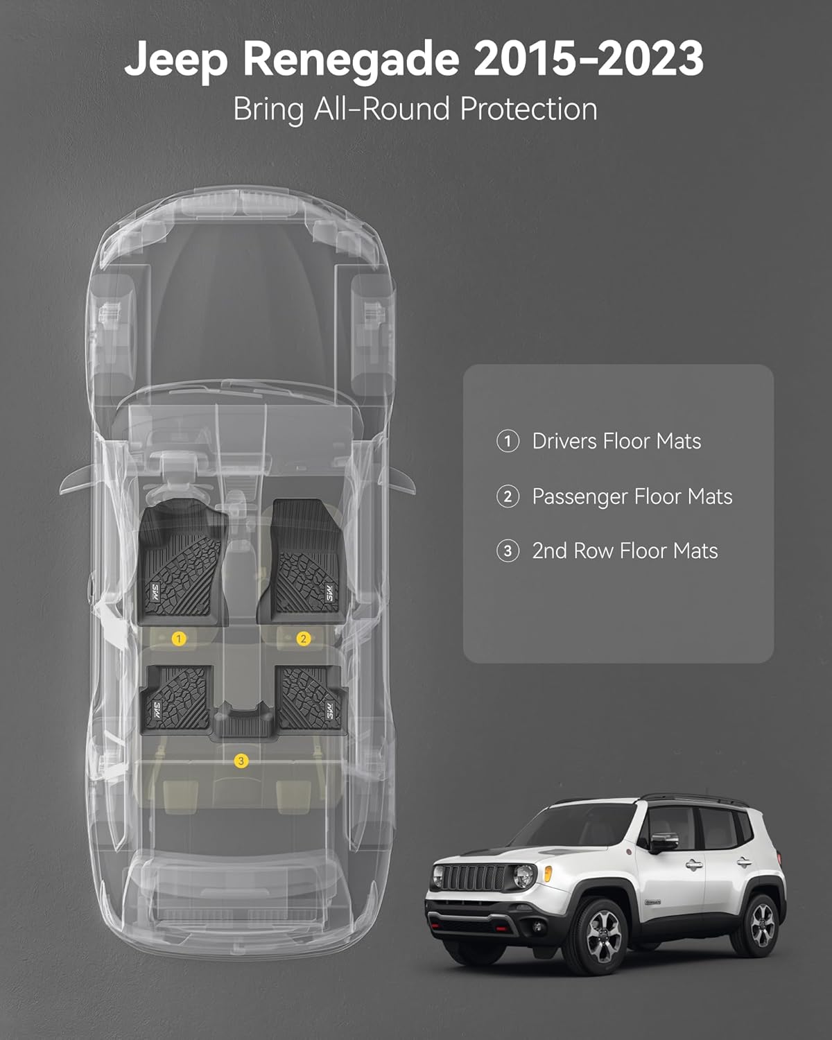 3W Floor Mats Fit for Jeep Renegade 2015-2023 TPE All Weather Custom Fit Floor Liner for Jeep Renegade 1st and 2nd Row Full Set Car Liners Black