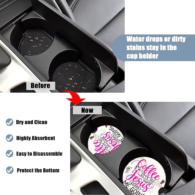 Car Cup Holders Coasters - Funny Coffee Lover Absorbent Ceramic Coaster, Car Coasters for Cup Holders, Auto Accessories for Women & Men, Pack of 2