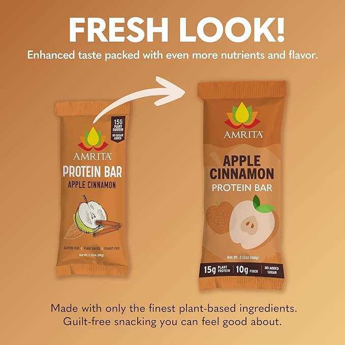 AMRITA Apple Cinnamon Vegan Protein Bars – 15g Plant-Based Protein – Gluten, Soy, Peanut & Dairy-Free – High Fiber, Low Sugar Meal Replacement Bars – Ideal Breakfast, Snack, or Energy Boost