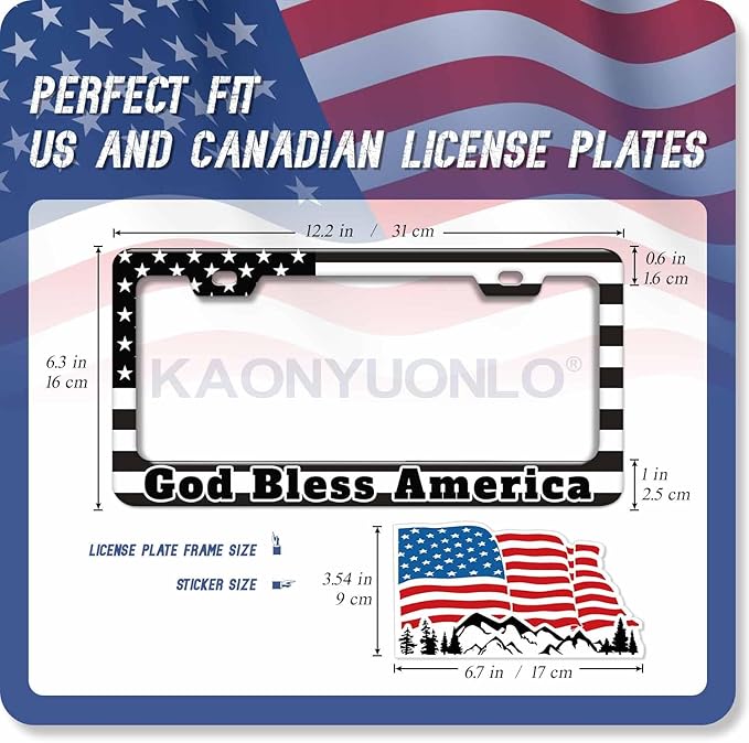 1PCS Black God Bless America License Plate Frame Holder - USA Stars and Stripes Auto Universal Aluminum Matte Car Tag Holder Covers with Sticker & Screws for Men
