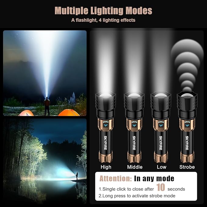SKYFIRE 1097 Rechargeable Flashlights High Lumens,5000mAh Super Bright Flashlight Waterproof Powerful LED Tactical Flash Light for Camping Essentials Outdoor Home&Gifts
