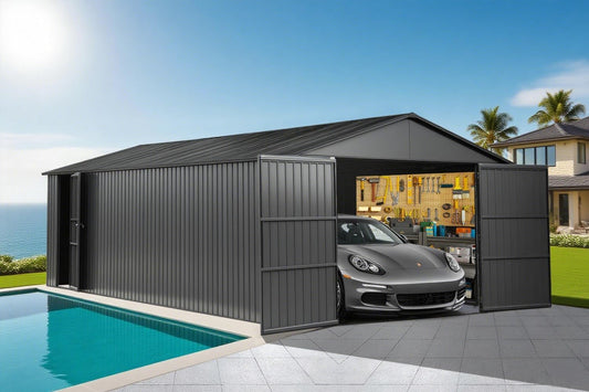 Domi 12'x25' Outdoor Metal Garage Shed, Weatherproof Enclosed Carport with Sidewalls & 2 Lockable Doors, Extra Large Backyard Storage Shed for Car, Truck,Lawn Mower, 80MPH Wind Resistance, Dark Grey