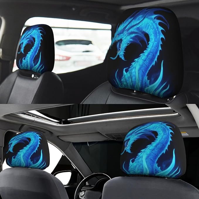 Dujiea 2 Pack Fire Blue Dragon Car Headrest Covers, Universal Soft Car Seat Head Rest Cover Protector, Vehicle Accessories Fabric Headrest Cover for Cars Vans Trucks