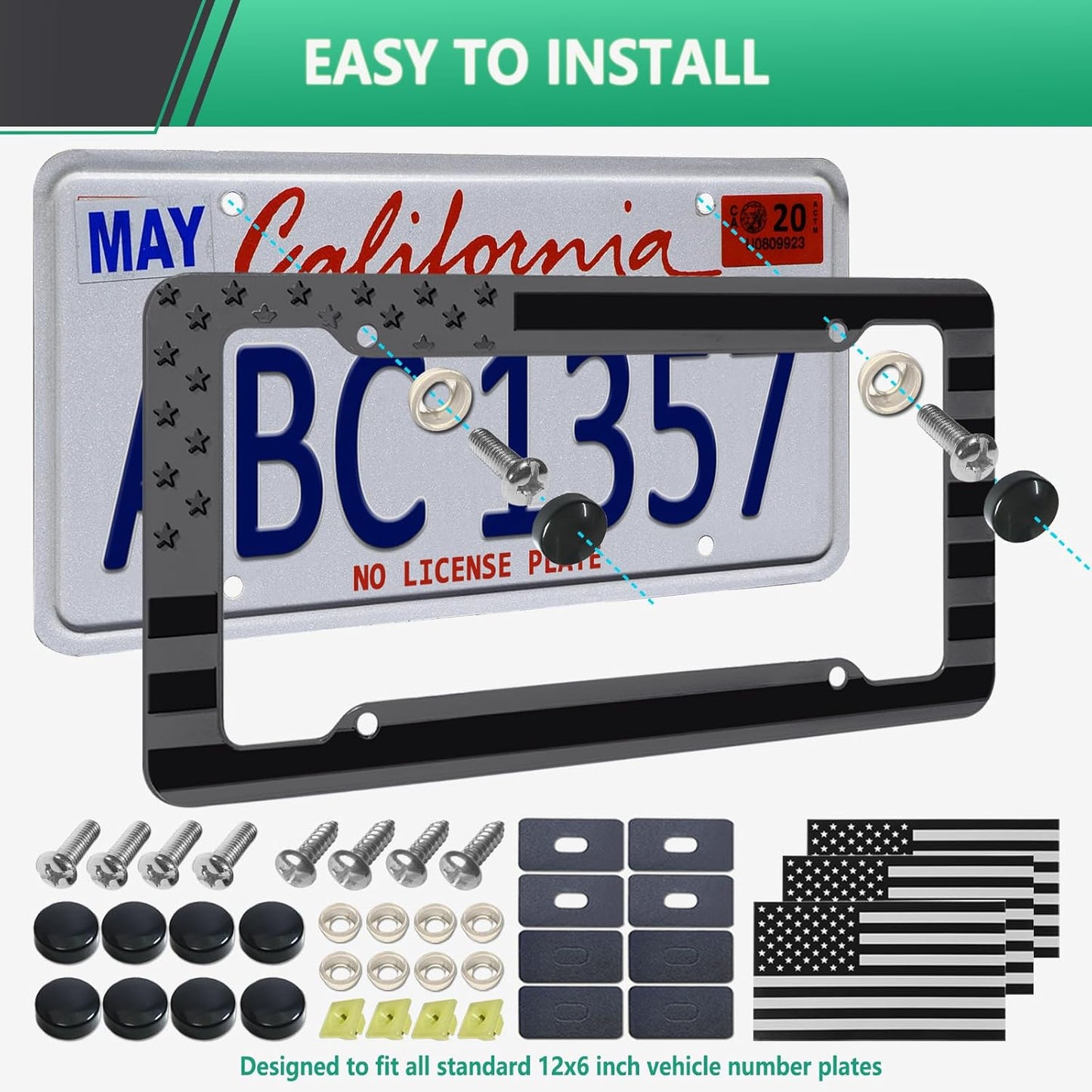 Black American Flag License Plate Frame- Front Rear Patriotic USA ‌Car Tag Frames, 2 Pack 4 Hole Subdued 3D Embossed Stars and Stripes Plastic Holder with Mounting Hardware Kit