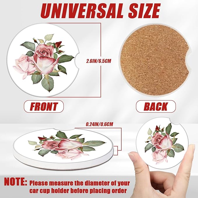 Watercolor Rose Car Coasters for Cup Holders, Vintage Floral Absorbent Ceramic Car Coaster Car Cup Holder Coaster Car Accessories for Women Men (2 Pack)