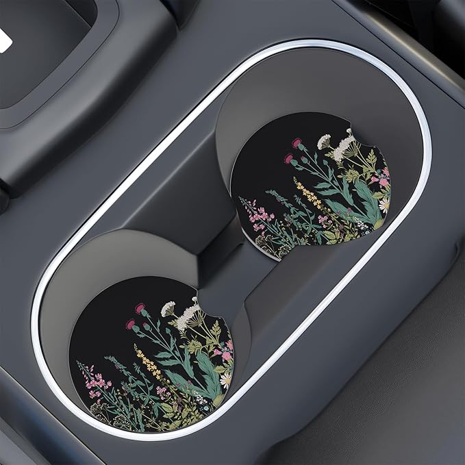 Car Cup Holder Coaster, Car Coasters for Cup Holders, 4 Pack Universal Anti Slip Insert Absorbent Ceramic Auto Interior Accessories with A Finger Notch & Cork Base, Dandelion