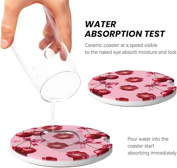 ABLESKY Car Coasters for Cup Holders, 2 Pack Absorbent Anti Slip Car Cup Holder Coasters, 2.56 Inch Ceramic Universal Size Auto Interior Accessories Women Men-Cherry Pink Bow with Red Lips