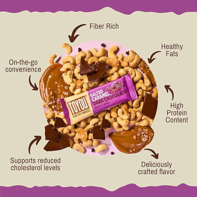 ToYou Chewy Fruit and Nut Bars - Healthy Protein Snacks | Salted Caramel Dark Chocolate - 1.41 Ounce (Pack of 12) | Soft Chewy, Fiber-packed Granola Bars for Adults and Kids, Made with Natural Ingredients