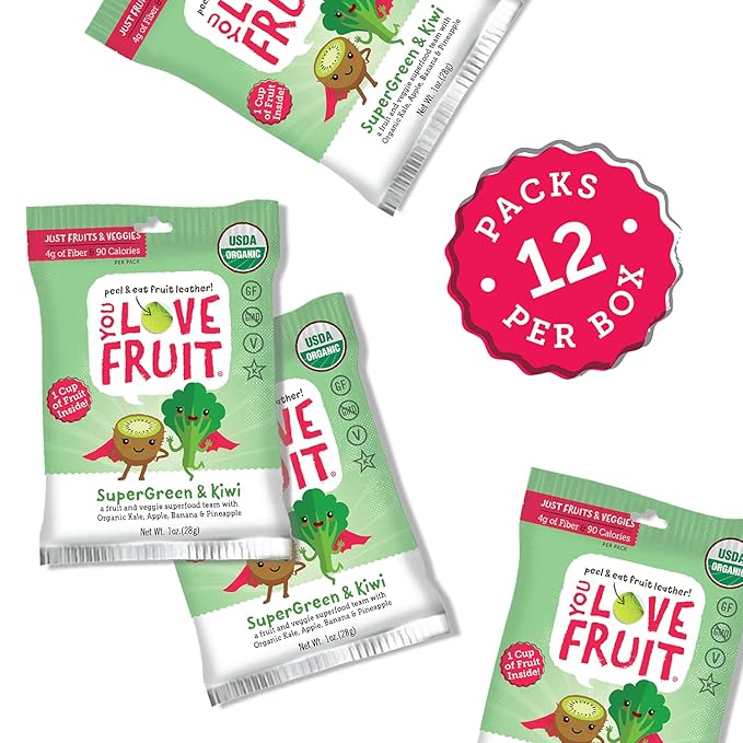 YOU LOVE FRUIT – SUPERGREEN & KIWI All Natural Fruit Snacks, Healthy Snack Pack, Real Fruit! Gluten Free, Non GMO, Vegan, Fiber packed, Low Fat, Kosher, Variety Pack, Great For Adding To Gift Box, 1.0 oz (Pack of 12)