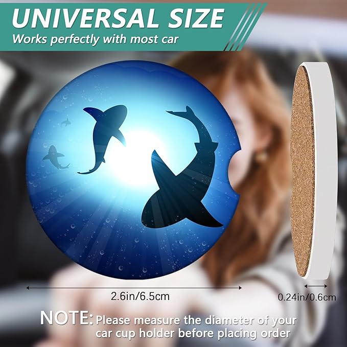 2 Pack Car Cup Holder Coasters - Blue Cute Shark Absorbent Ceramic Coaster, Car Coasters for Cup Holders, Car Interior Accessories for Women Men