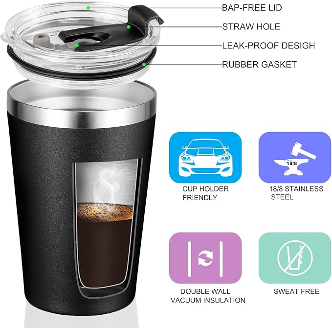 VEGOND 12oz Tumbler Stainless Steel Tumbler bulk Vacuum Insulated Double Wall Travel Tumbler with Lid and Straw Reusable Tumbler, Black 1 Pack