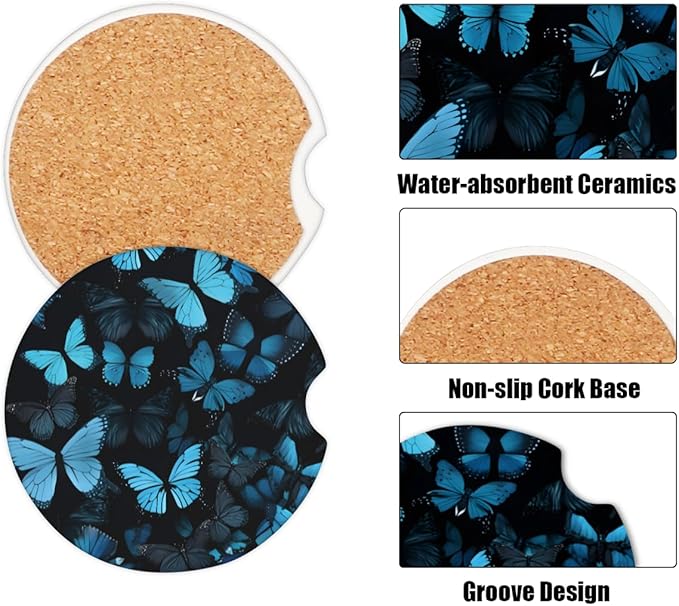 Cup Holder Coaster 2 Pack - Cork Base Universal Car Cup Coasters for Drinks - Funny Aesthetic Car Accessories, Table Coaster Home Decor (Blue Butterfly)