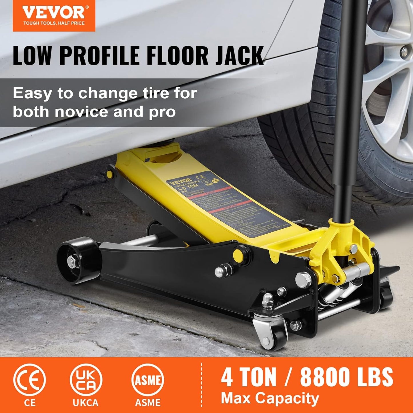 VEVOR 4 Ton Low Profile, Heavy-Duty Steel Racing Floor Jack with Dual Pistons Quick Lift Pump, Lifting Range 3.94"-20.98"