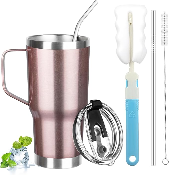 20 oz Tumbler with Handle, Stainless Steel Insulated Tumbler with Lid and Straw, Double Wall Vacuum Insulated Coffee Mug Tumbler, Insulated Coffee Thermal Cup for Cold and Hot (Rose gold)