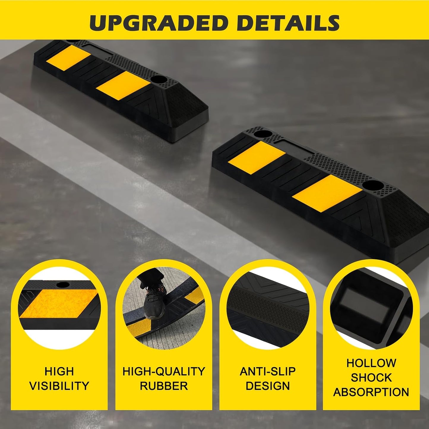 20" Rubber Parking Curb Stop, Car Stopper for Garage Parking, Heavy Duty Parking Wheel Stops for Car, Garage Bumpers with Reflective Yellow Tape for Parking Car (4 Pack)