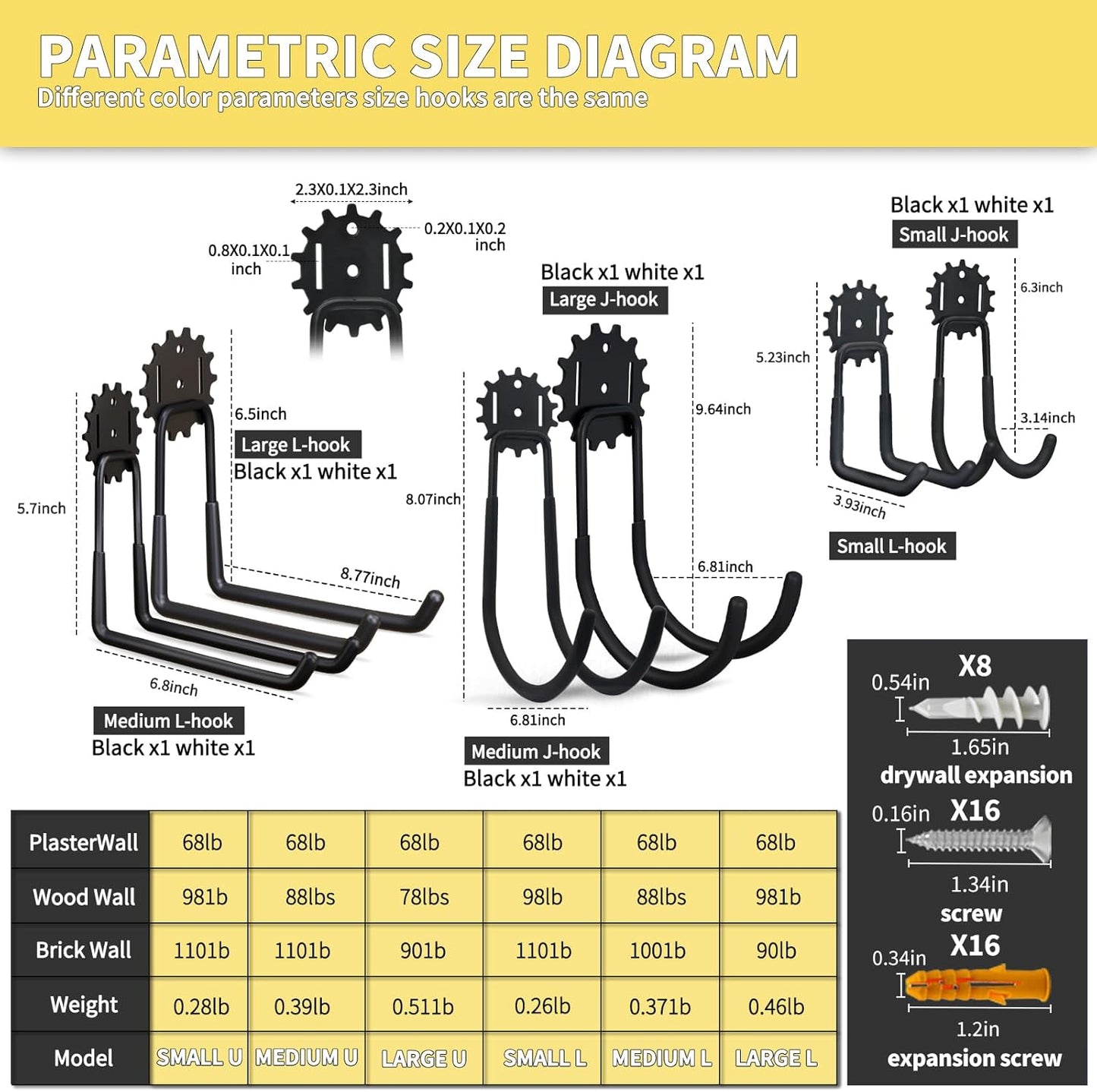 Garage Hooks Black & White 12 Pack, Heavy Duty Steel Tool Storage Utility Hook Organizing Power Tools, Wall Mount Holder for Bike, Ladder and Garden Chairs